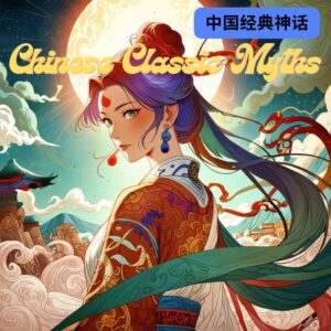 Illustrated cover of the ebook 'Chinese Classic Myths', featuring a woman in traditional Chinese attire, with a background of the moon, clouds, and ancient Chinese architecture. Ideal for learning about Chinese culture and mythology.